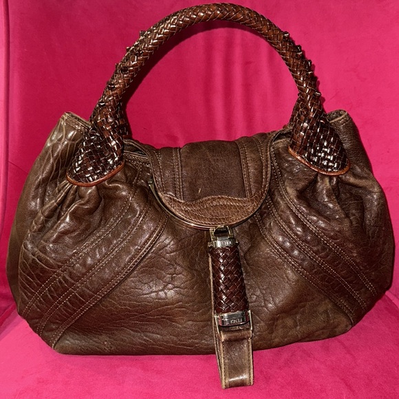 Fendi Handbags - Fendi brown leather spy bag shoulder satchel hobo purse zucca liner